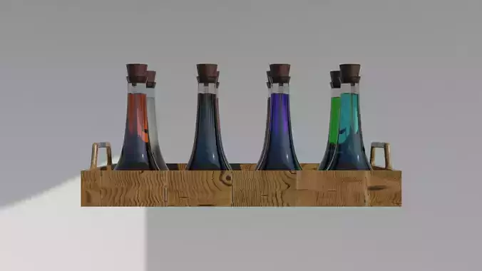Eight potions bottles in a wooden tray 3D model