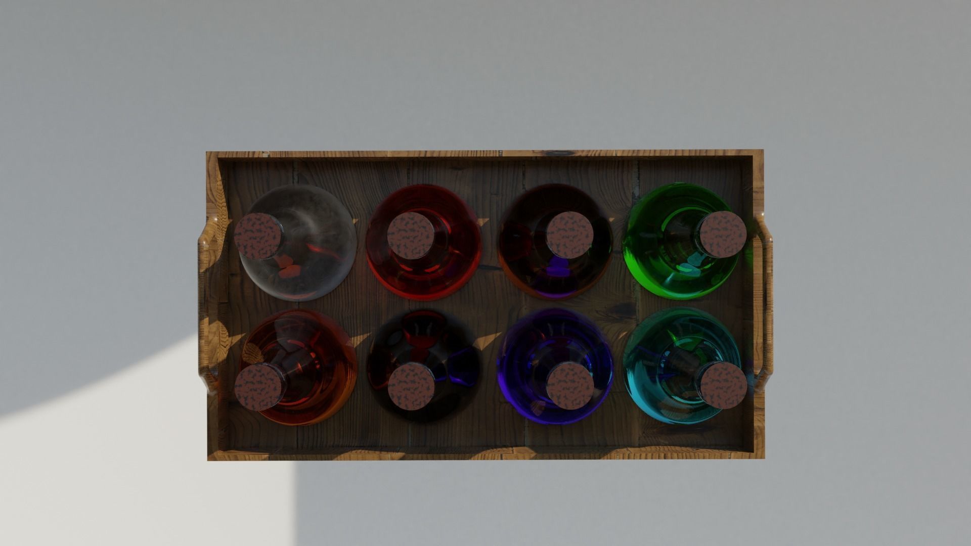 Eight potions bottles in a wooden tray 3D model_4