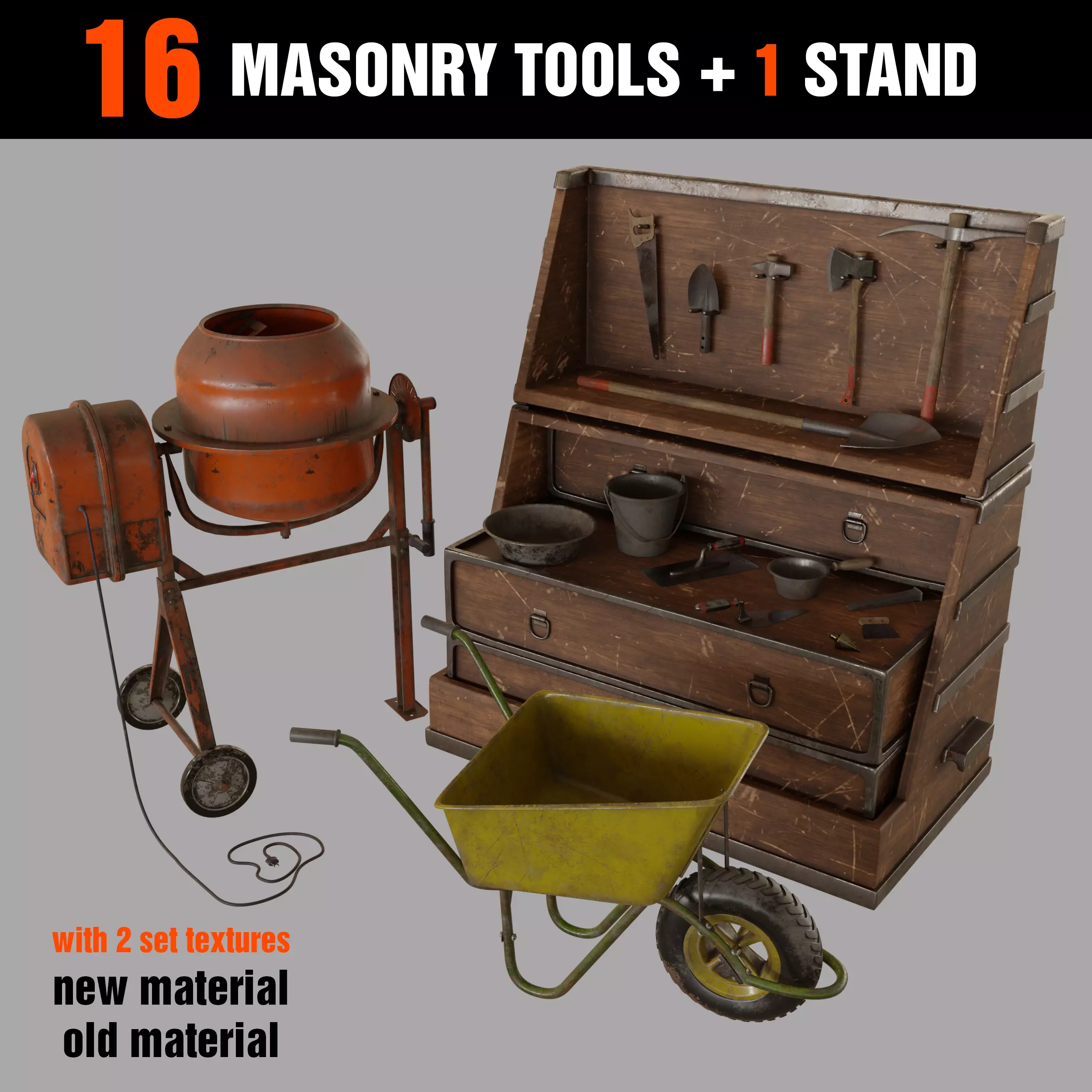 16 Masonry Tools  and 1 Stand 3D model_0