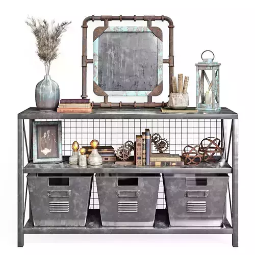 Industrial Set metal console table with baskets and mirror 3D model