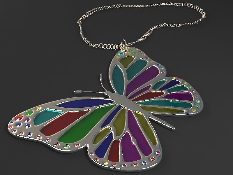 The Pendant colorful butterfly on silver chain 3D model_8