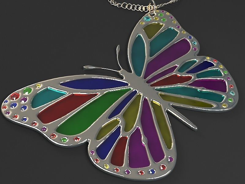 The Pendant colorful butterfly on silver chain 3D model_3