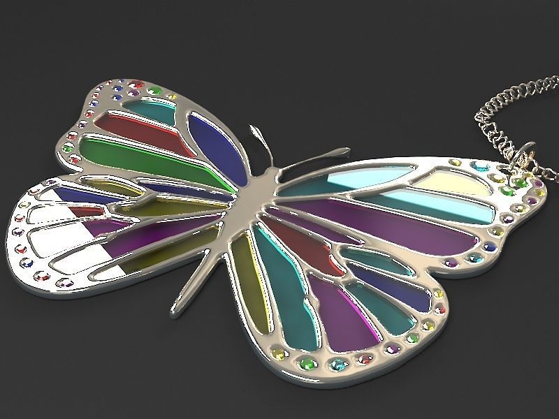 The Pendant colorful butterfly on silver chain 3D model_2