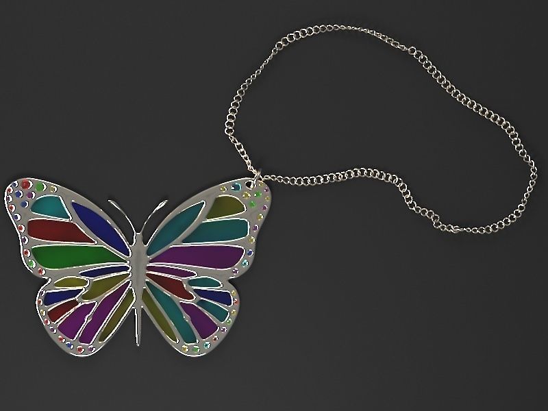 The Pendant colorful butterfly on silver chain 3D model_1