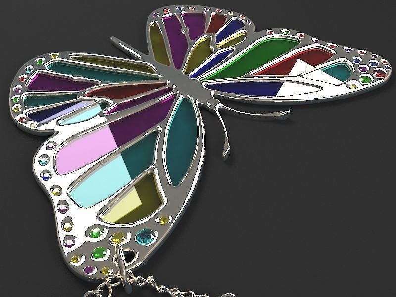 The Pendant colorful butterfly on silver chain 3D model_7