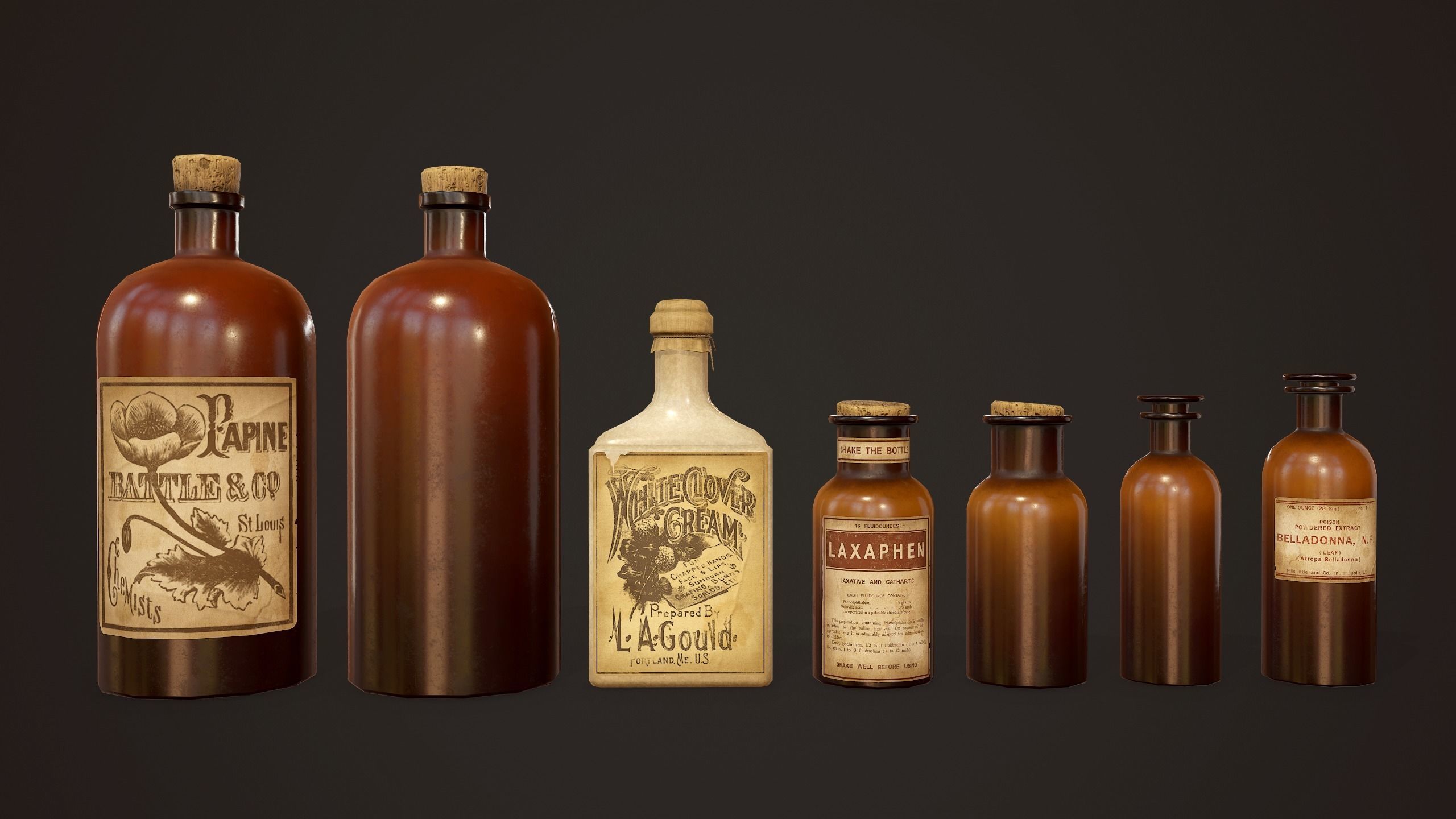 Antique Apothecary Bottles - PBR Game Ready Low-poly 3D model_9