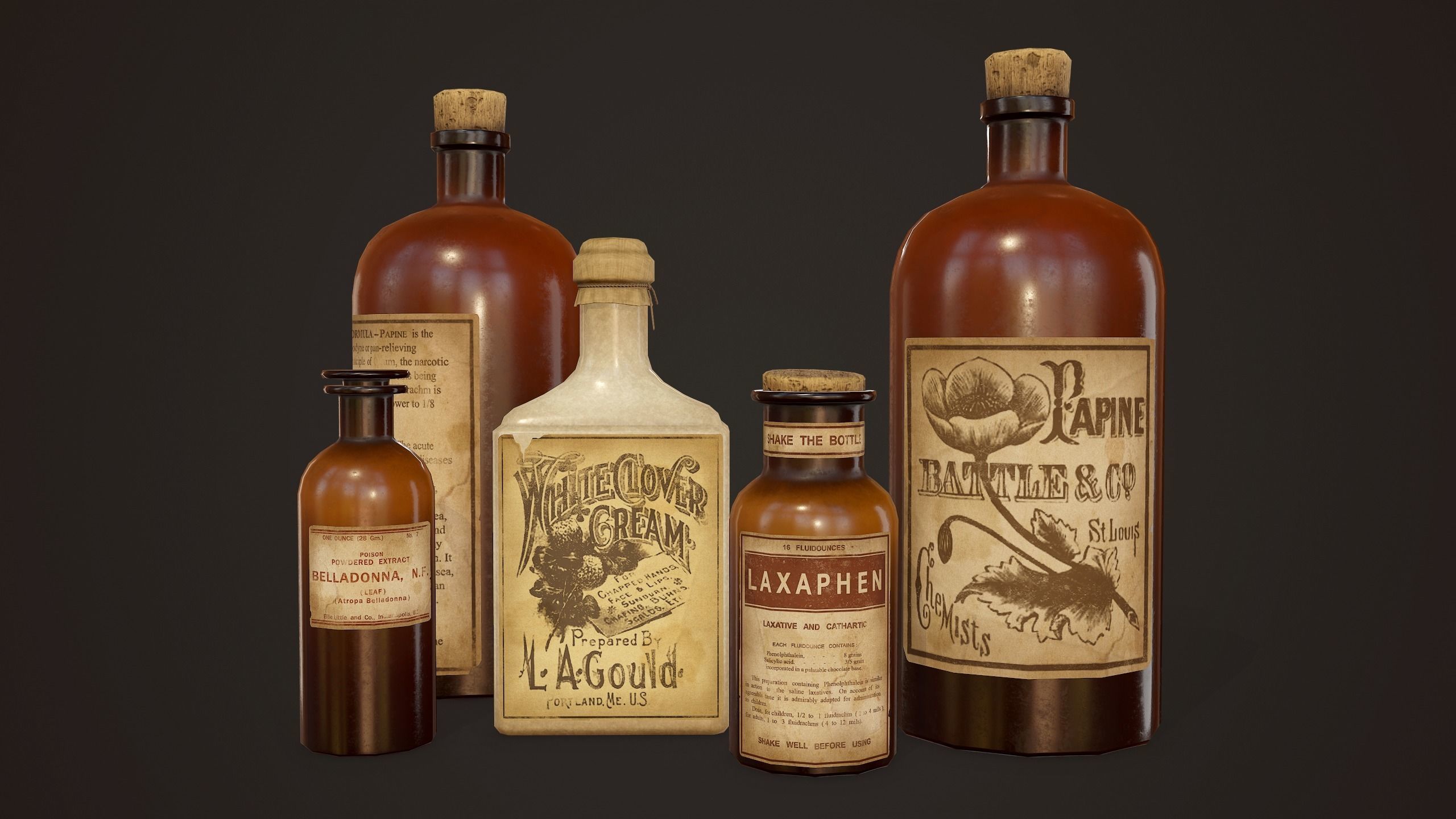 Antique Apothecary Bottles - PBR Game Ready Low-poly 3D model_2
