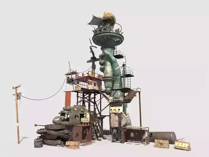 Post-Apocalyptic Base With Statue Of Libertys Hand 3D model