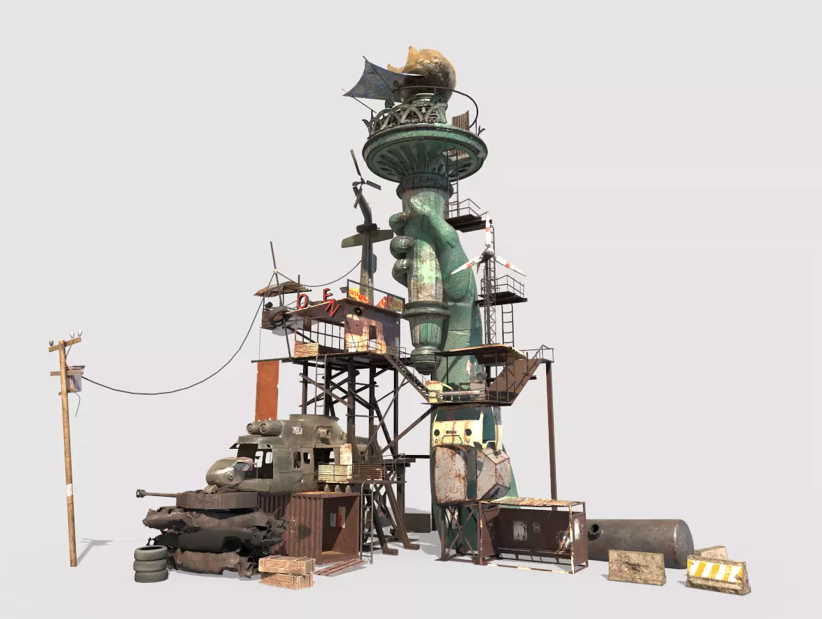Post-Apocalyptic Base With Statue Of Libertys Hand 3D model_0