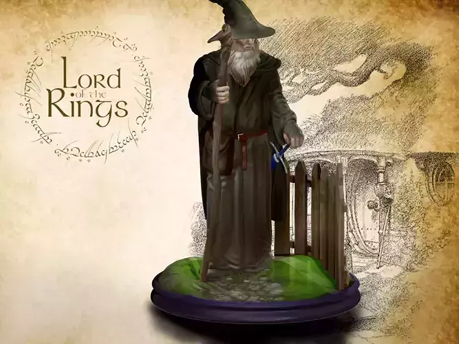 Gandalf statue of wizard holding sword