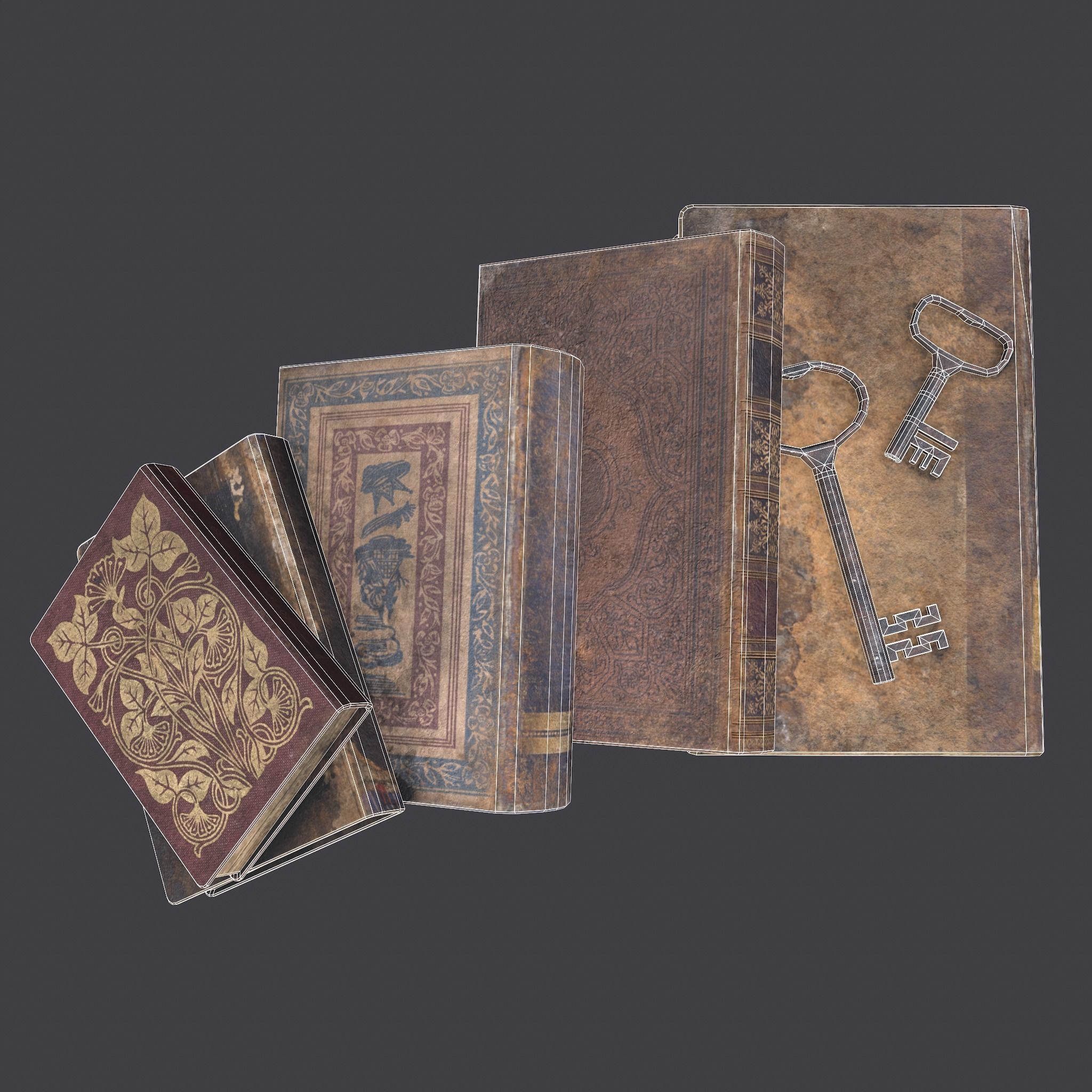 Medieval Books and Key  Low-poly 3D model_22