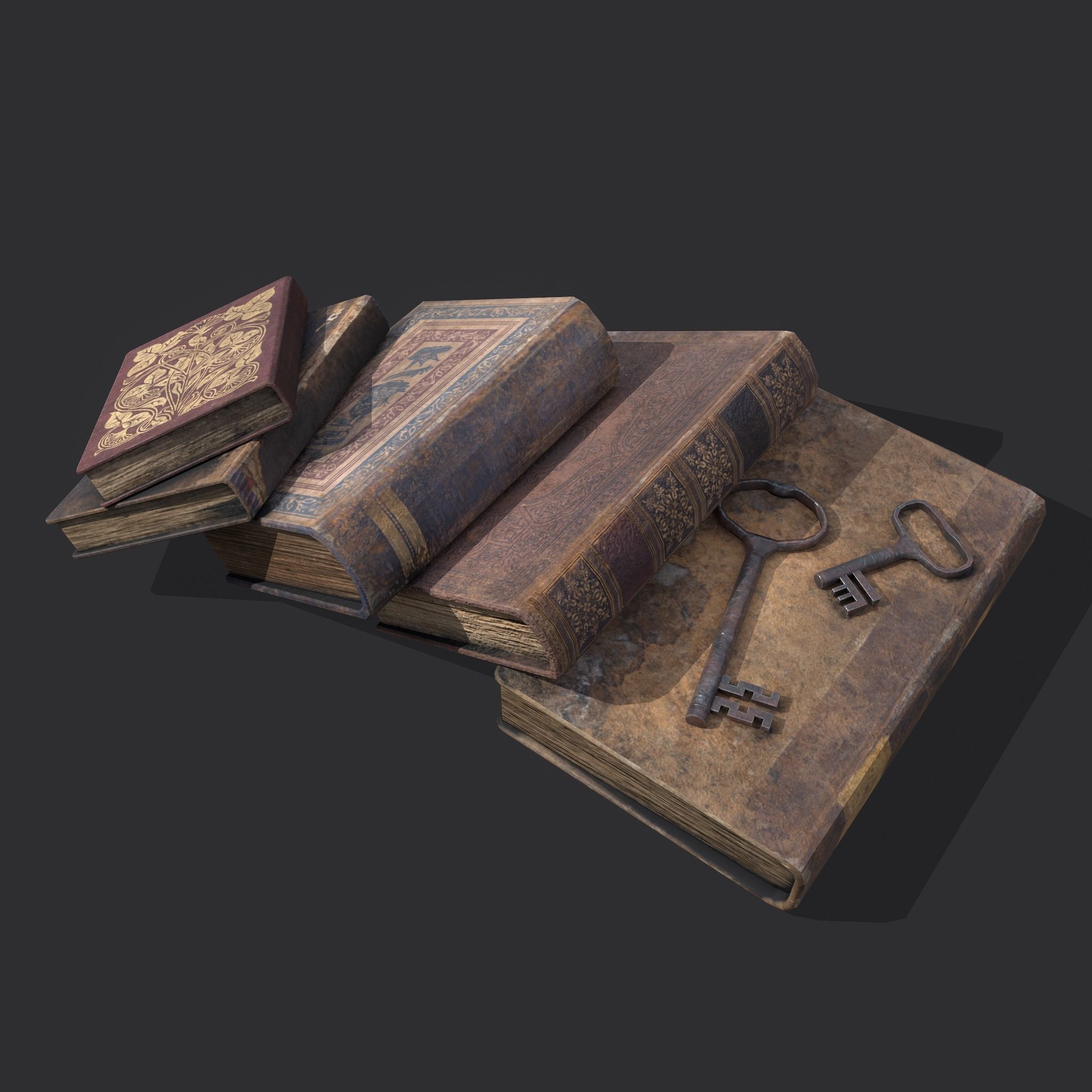 Medieval Books and Key  Low-poly 3D model_4