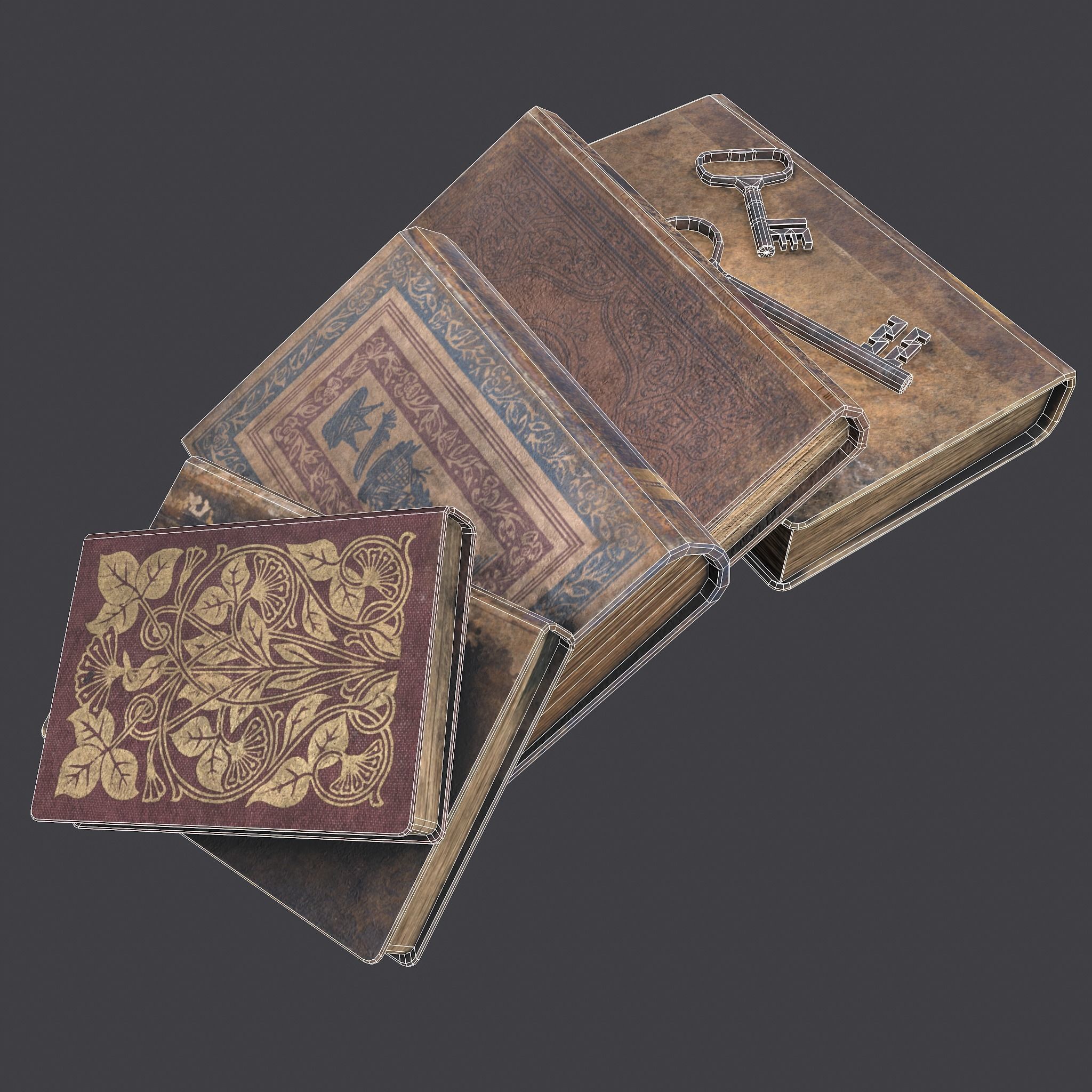 Medieval Books and Key  Low-poly 3D model_23