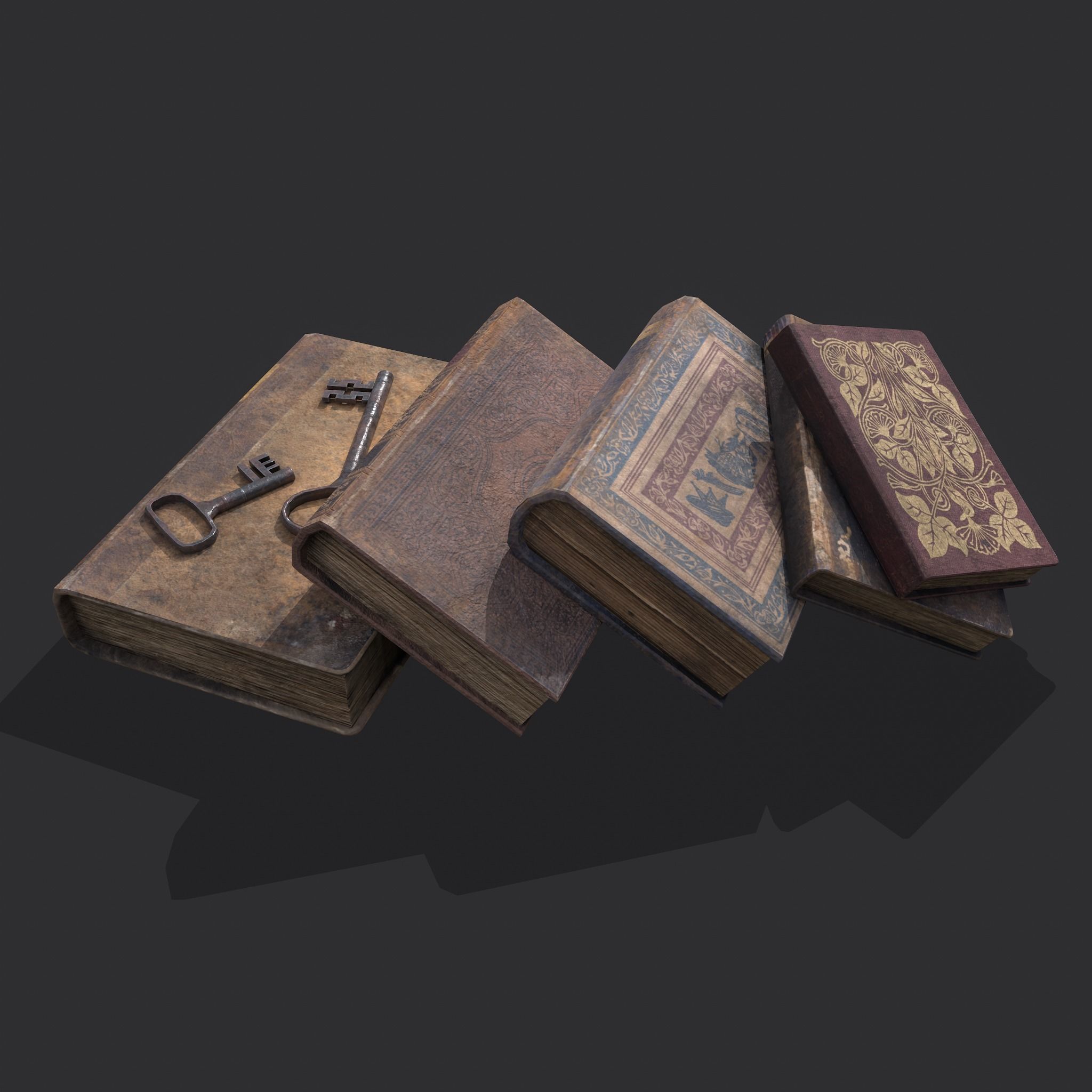 Medieval Books and Key  Low-poly 3D model_5