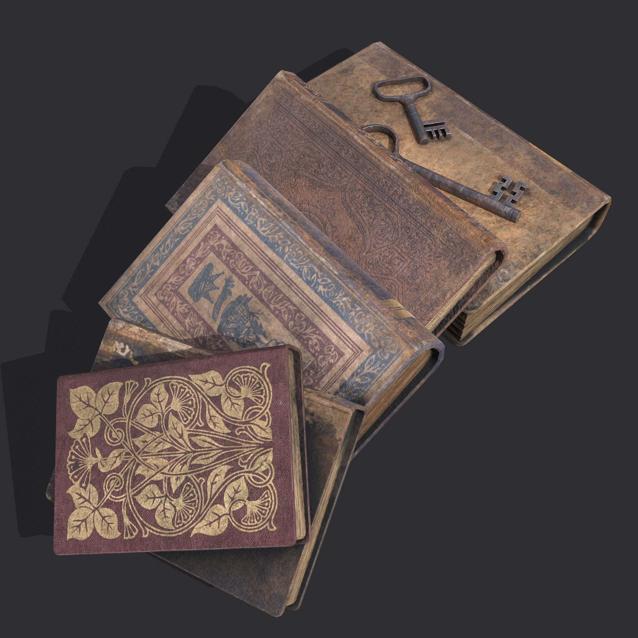 Medieval Books and Key  Low-poly 3D model_20