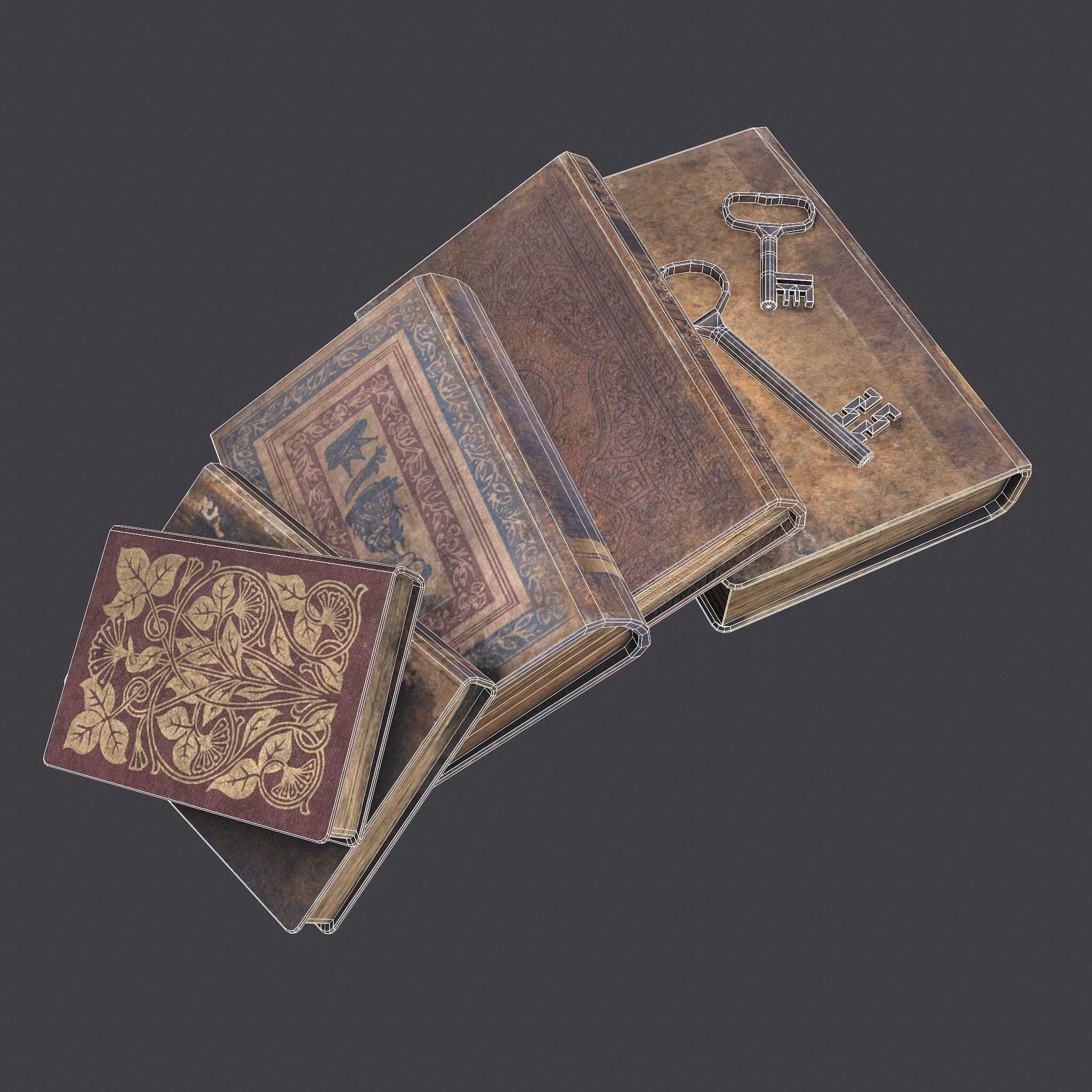 Medieval Books and Key  Low-poly 3D model_31