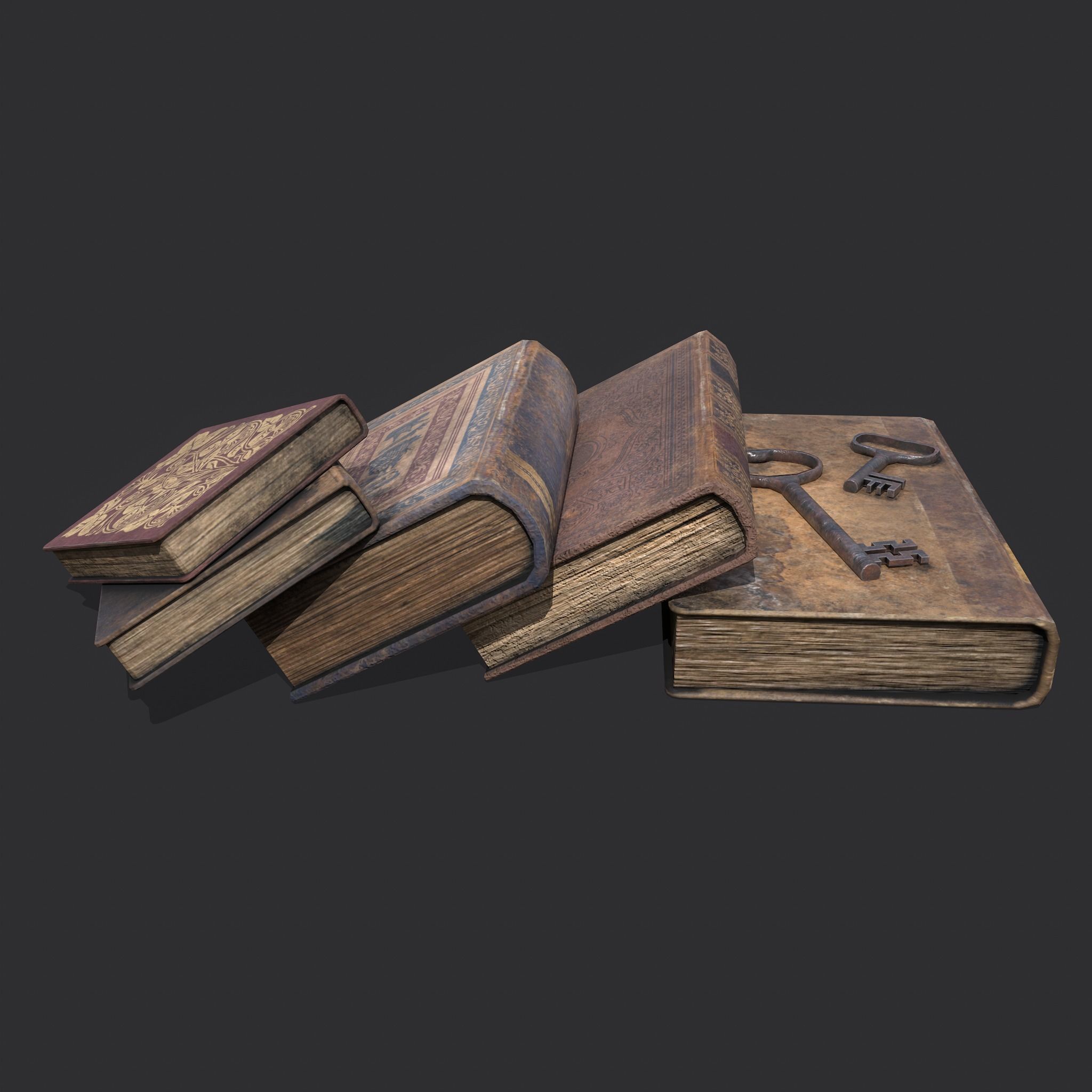 Medieval Books and Key  Low-poly 3D model_12