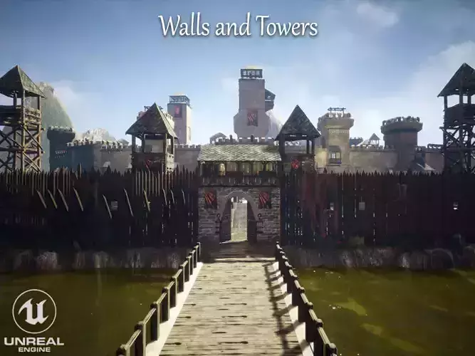 Walls and Towers Unreal Engine Low-poly 3D model
