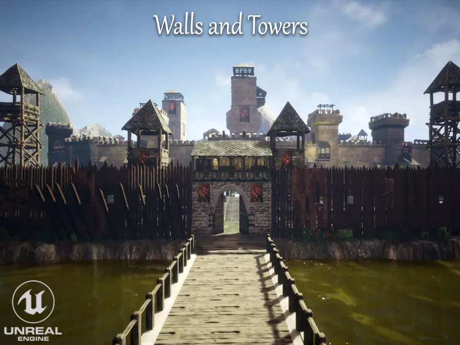 Walls and Towers Unreal Engine Low-poly 3D model_0