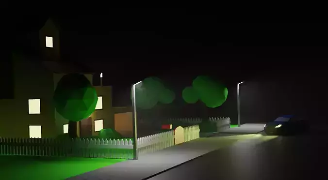 Model house and street at night