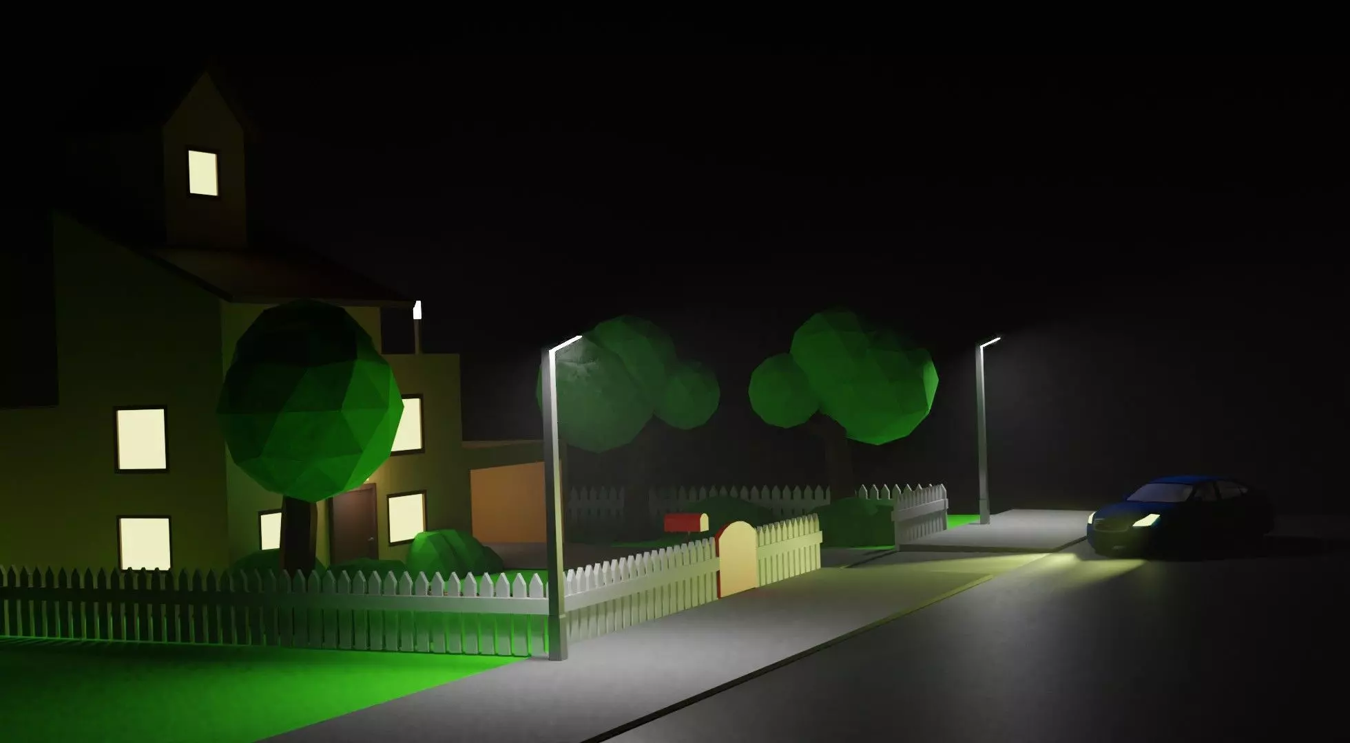 Model house and street at night Free low-poly 3D model