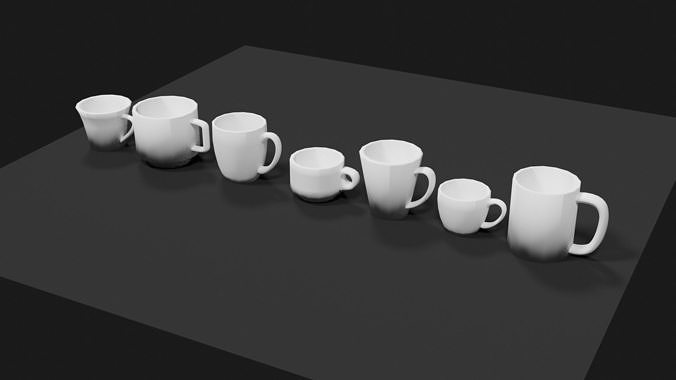 Lowpoly Cup Set coffee mugs in row Low-poly 3D model