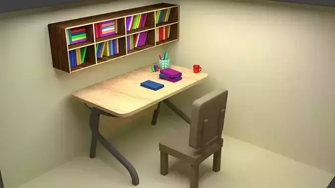 3d model of an study table with a chair and a lots of books 