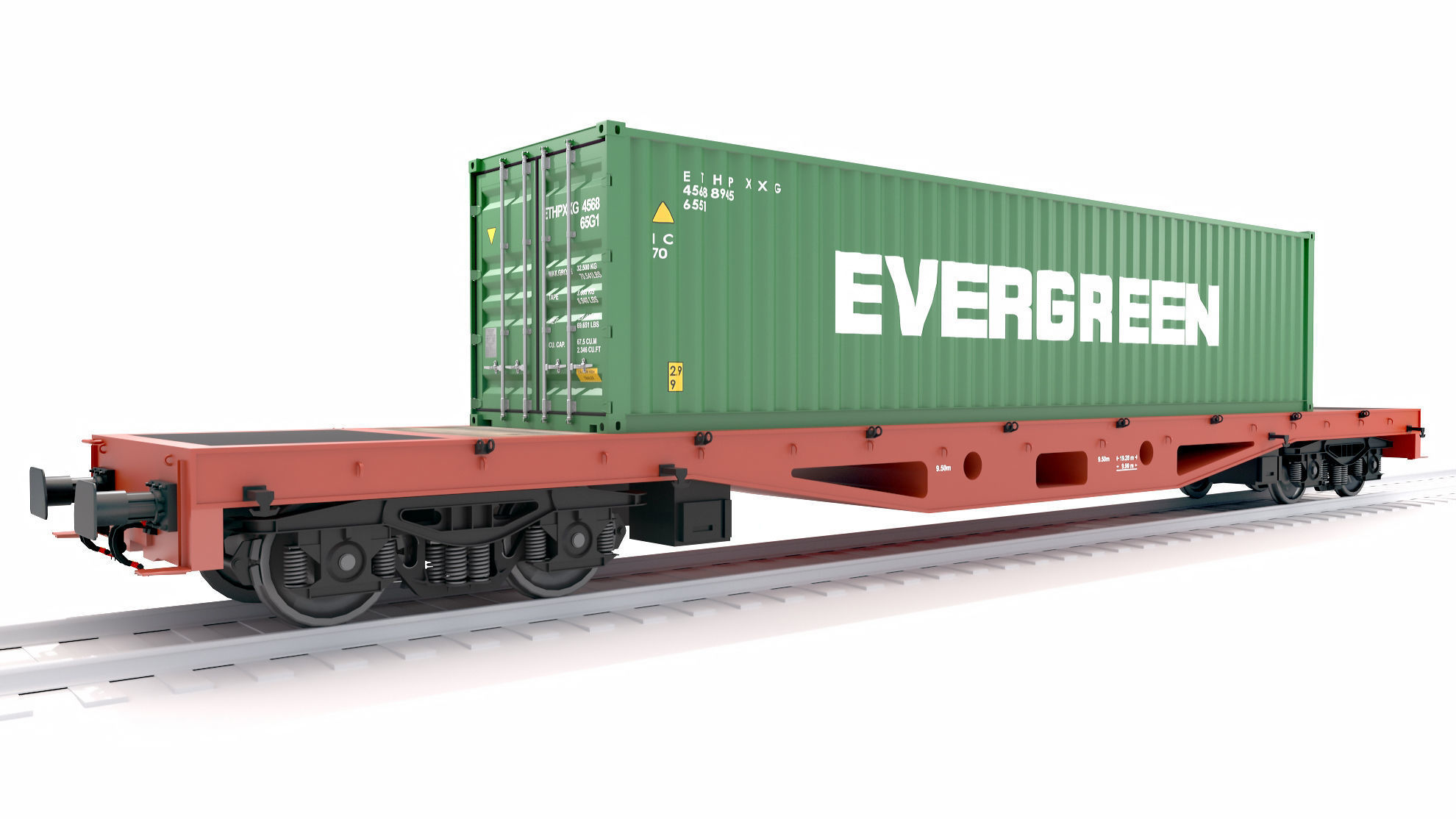 Flat Rail Car Evergreen Shipping Container 3D model_1