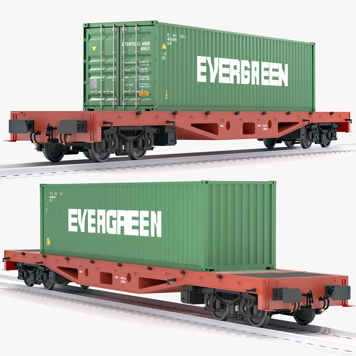 Flat Rail Car Evergreen Shipping Container 3D model_0