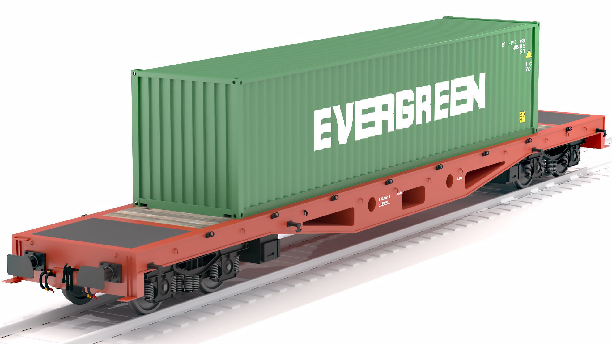 Flat Rail Car Evergreen Shipping Container 3D model_5