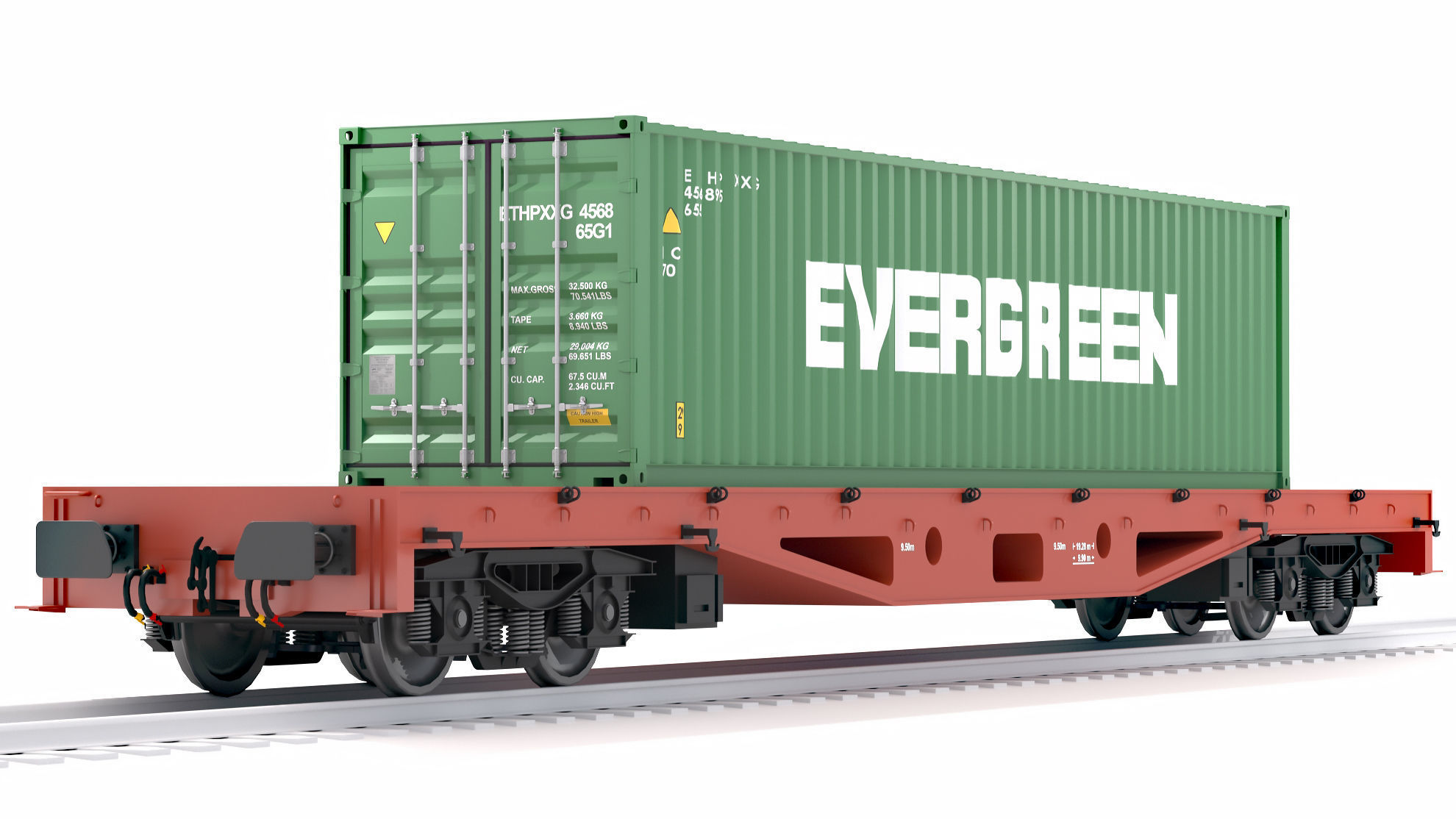 Flat Rail Car Evergreen Shipping Container 3D model_2