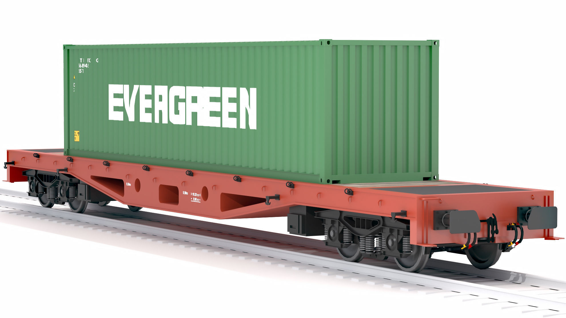Flat Rail Car Evergreen Shipping Container 3D model_3