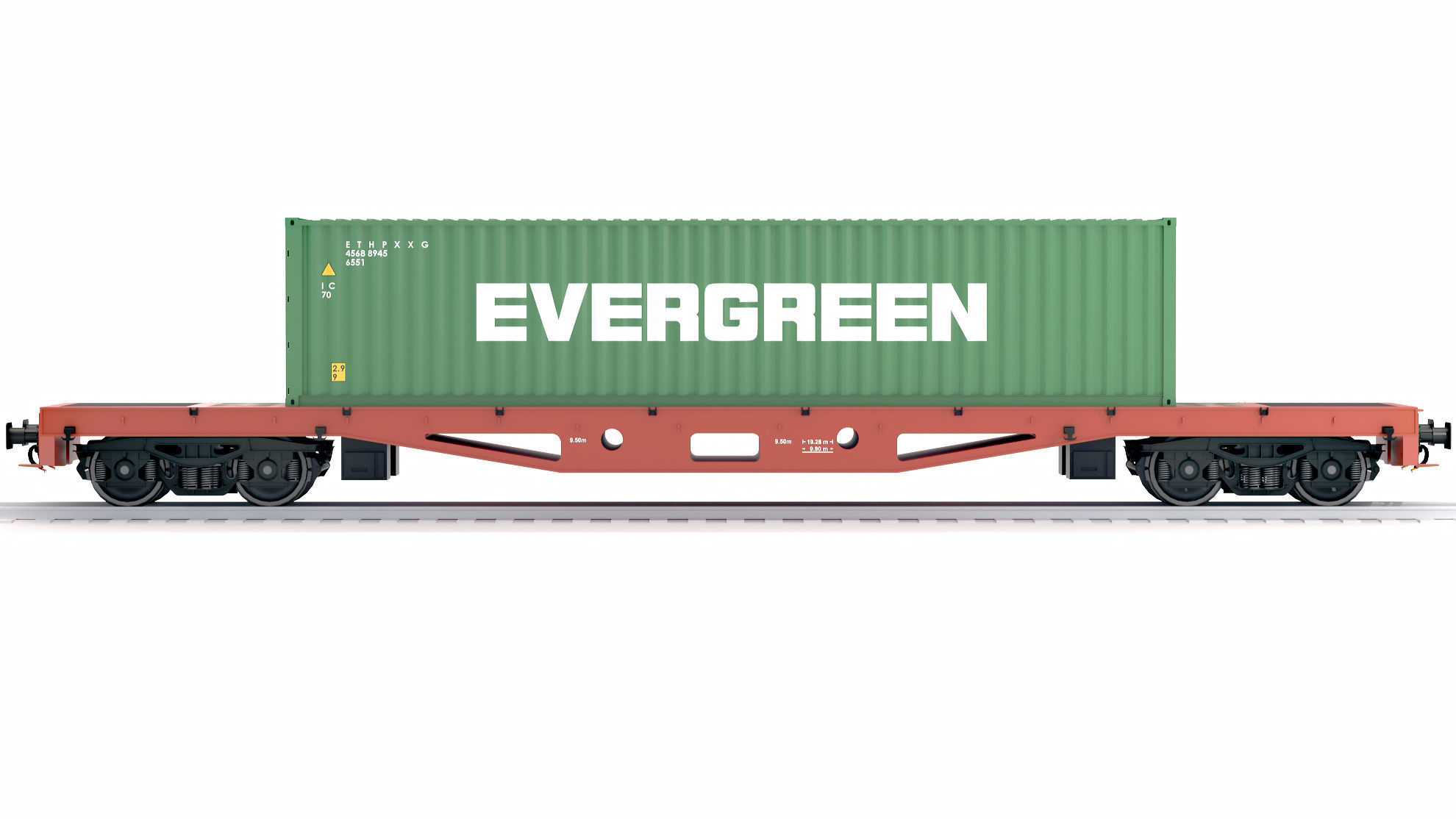 Flat Rail Car Evergreen Shipping Container 3D model_6