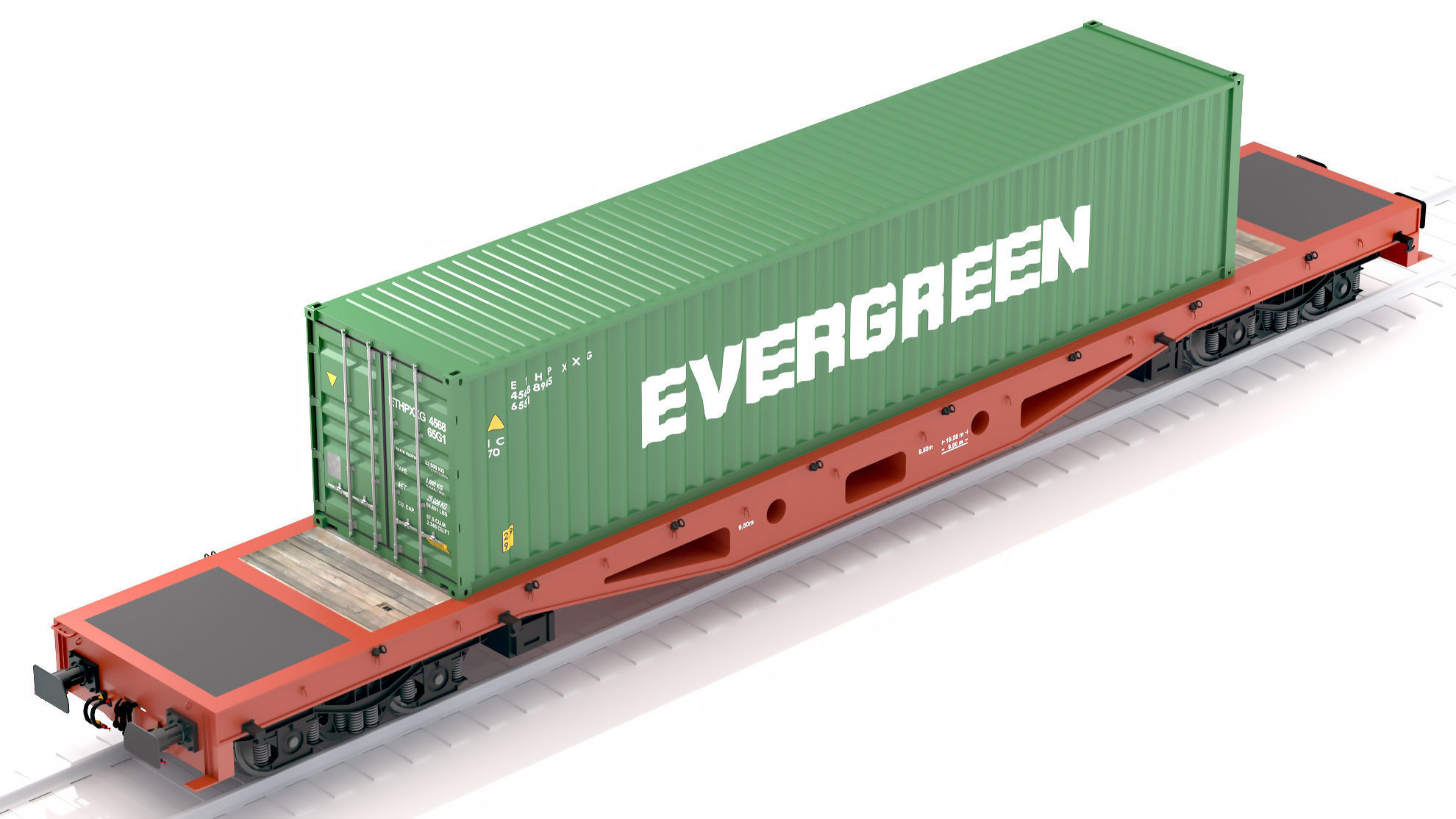 Flat Rail Car Evergreen Shipping Container 3D model_4