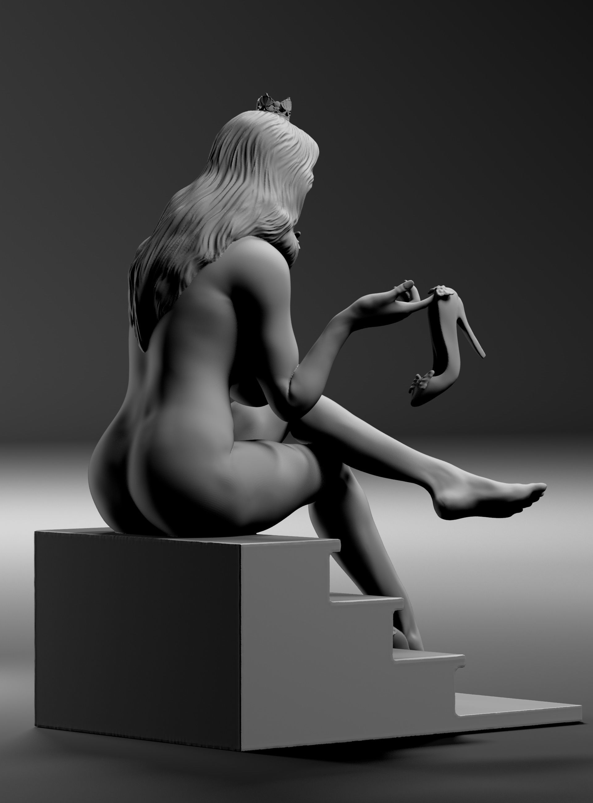 Cinderella statue of nude woman on steps 3D print model_4