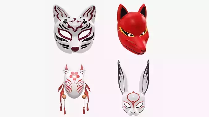 Japanese kitsune fox rabbit demon mask 3D Model Collection