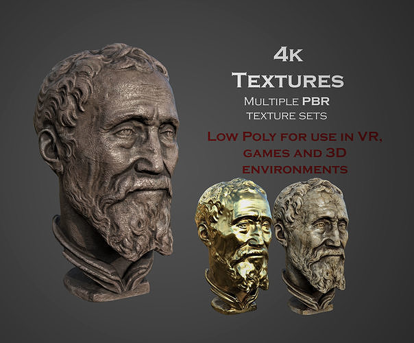 Michelangelo bust of man with beard Low-poly 3D model