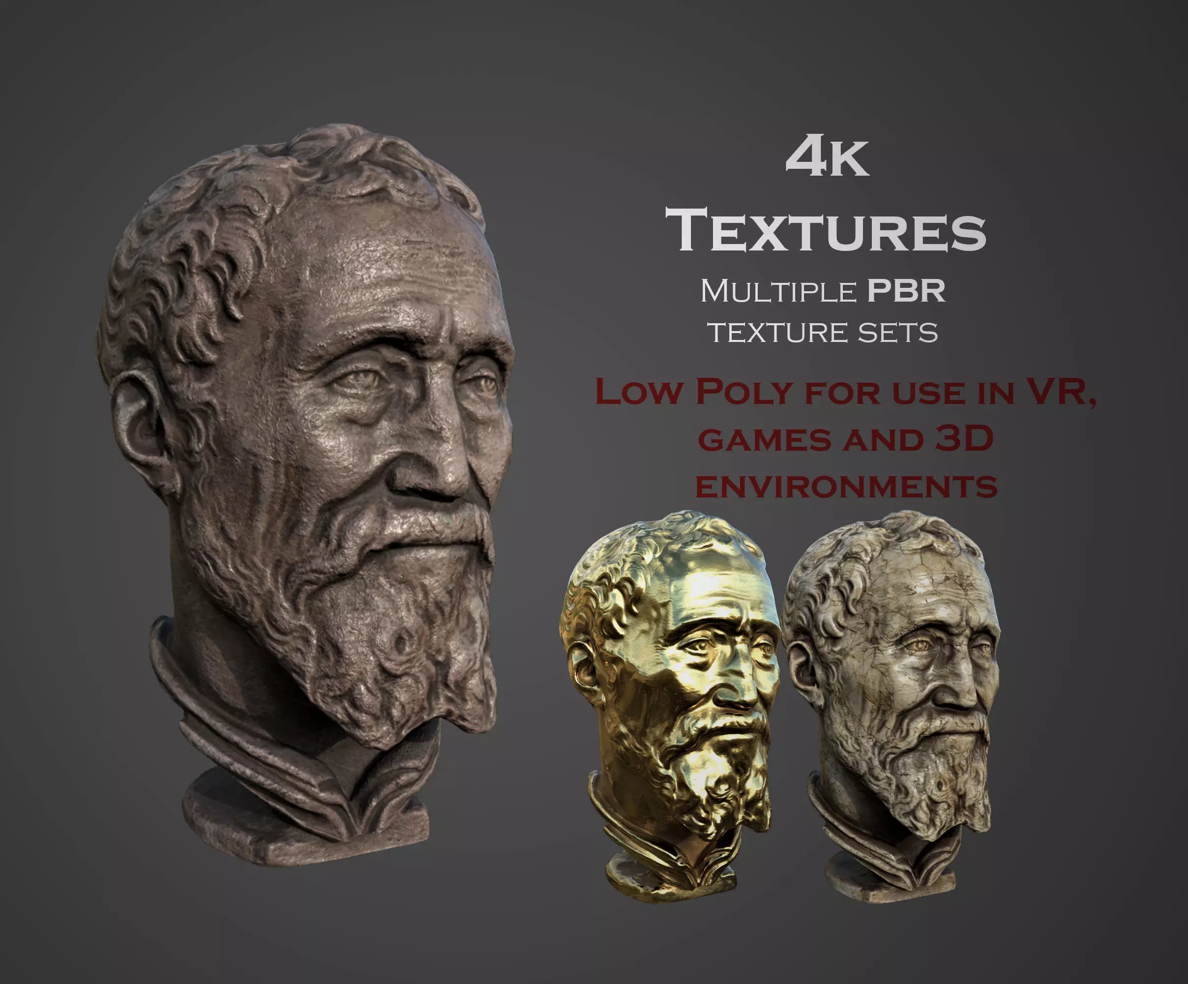 Michelangelo bust of man with beard Low-poly 3D model_0