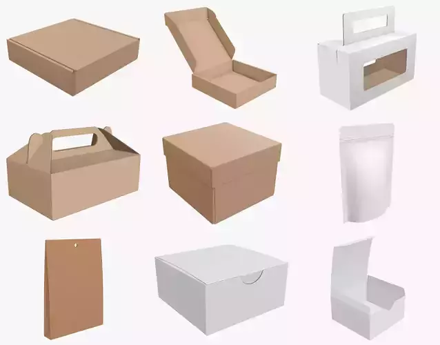 Cardboard corrugated boxes paper bag food pouch bag 3D Model Collection
