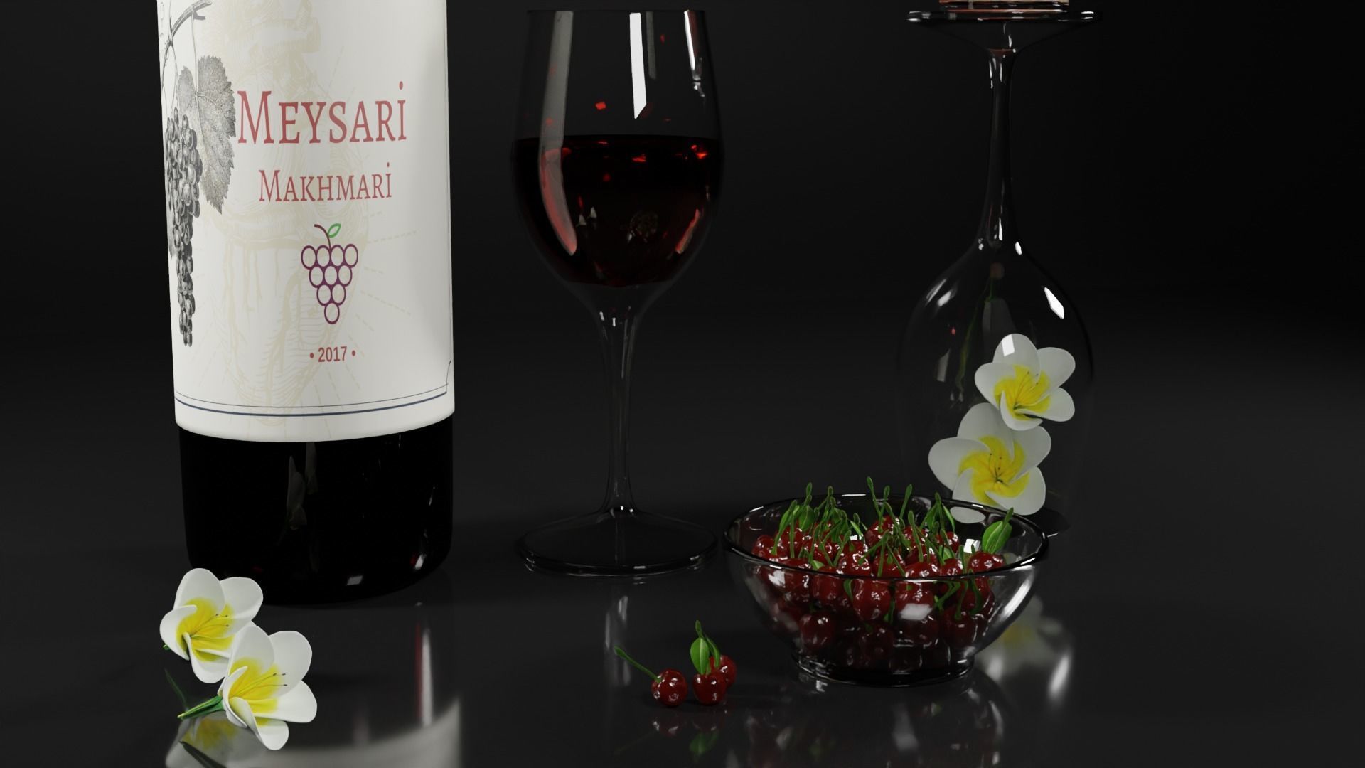 Red wine with cherries and candle 3D model_2