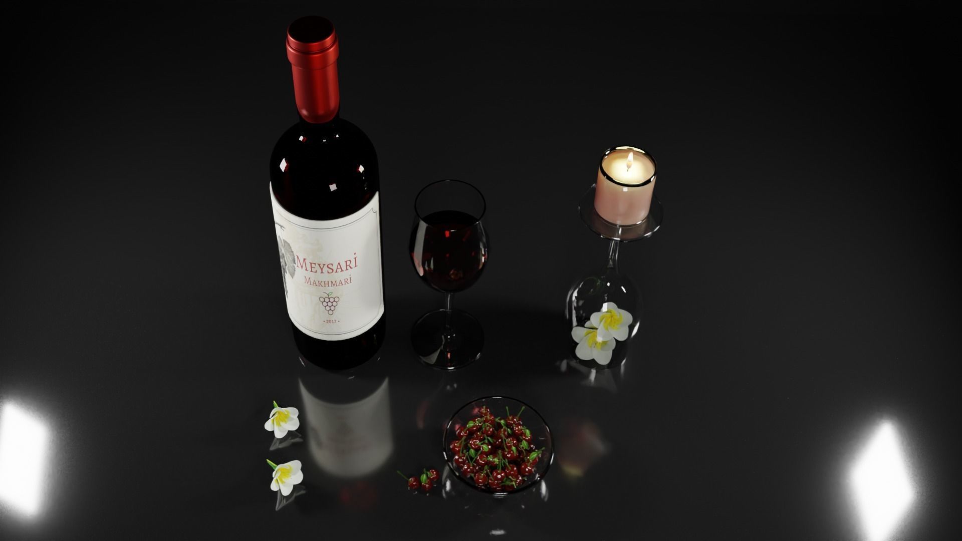 Red wine with cherries and candle 3D model_6