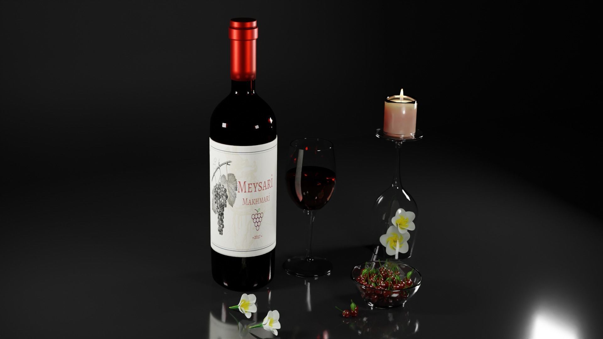Red wine with cherries and candle 3D model_10