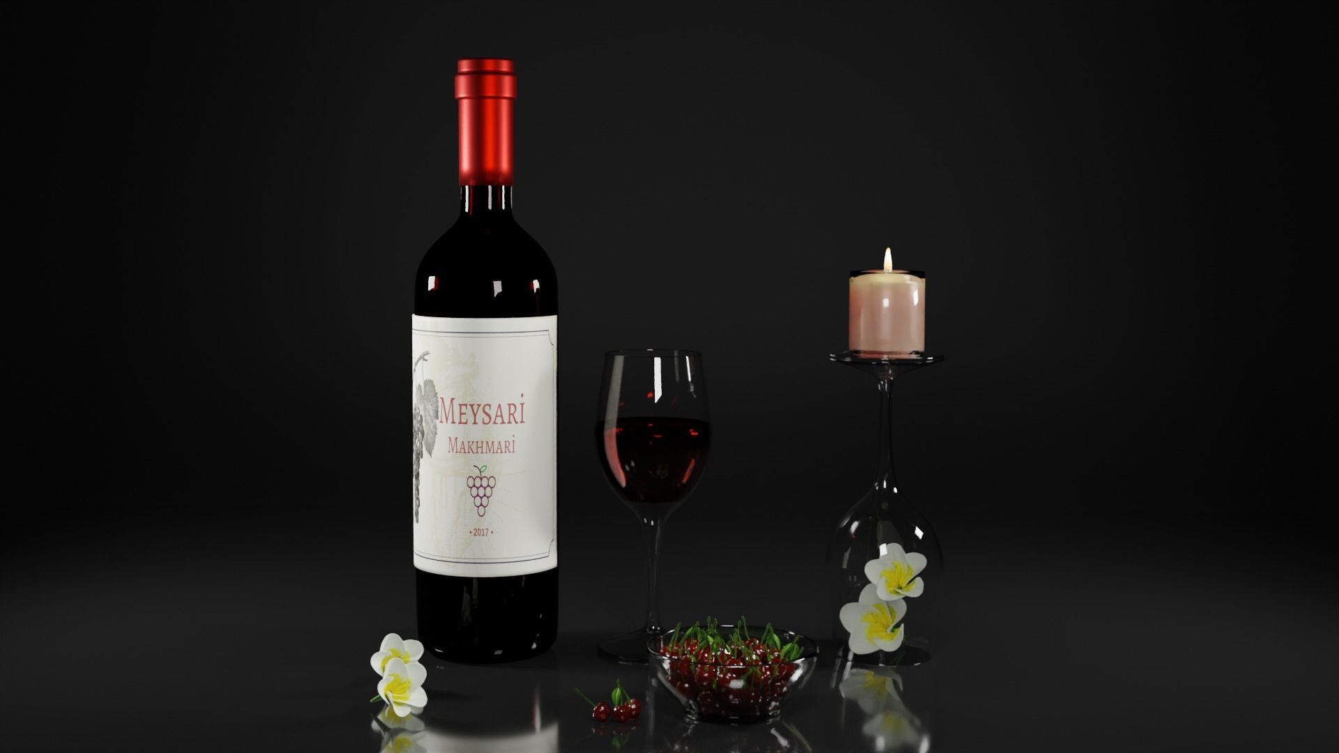 Red wine with cherries and candle 3D model_8