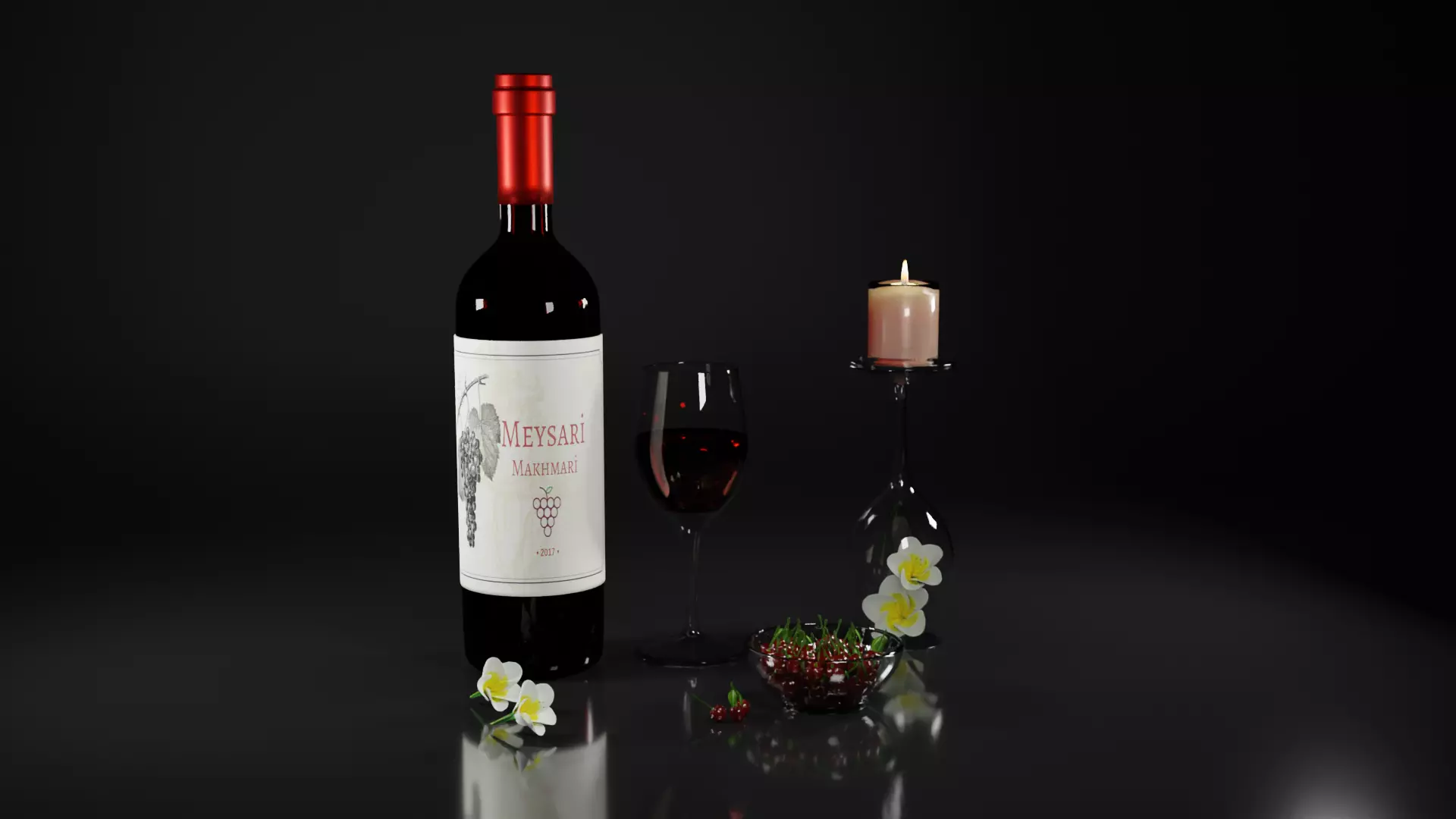 Red wine with cherries and candle 3D model_0