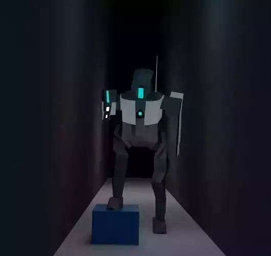 Robot in dark hallway