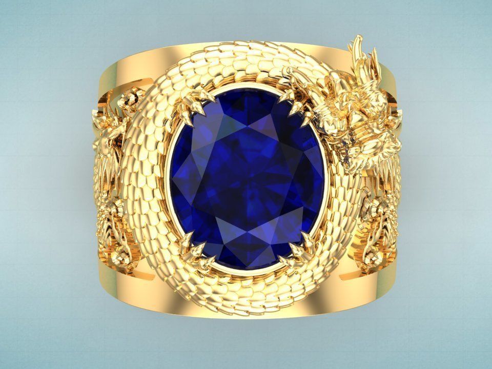 Dragon Ring - Mens Oval Stone Ring - Mens Ring - N334 3D print model_2