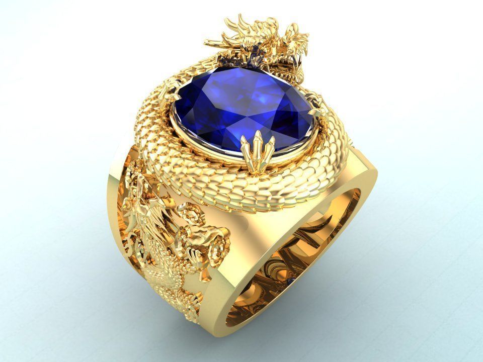 Dragon Ring - Mens Oval Stone Ring - Mens Ring - N334 3D print model_1