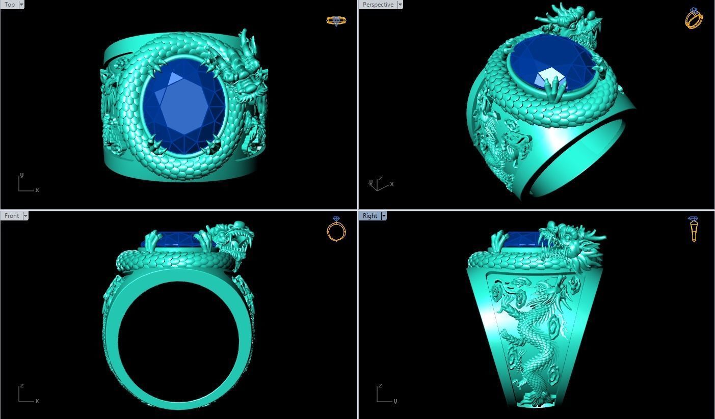 Dragon Ring - Mens Oval Stone Ring - Mens Ring - N334 3D print model_6
