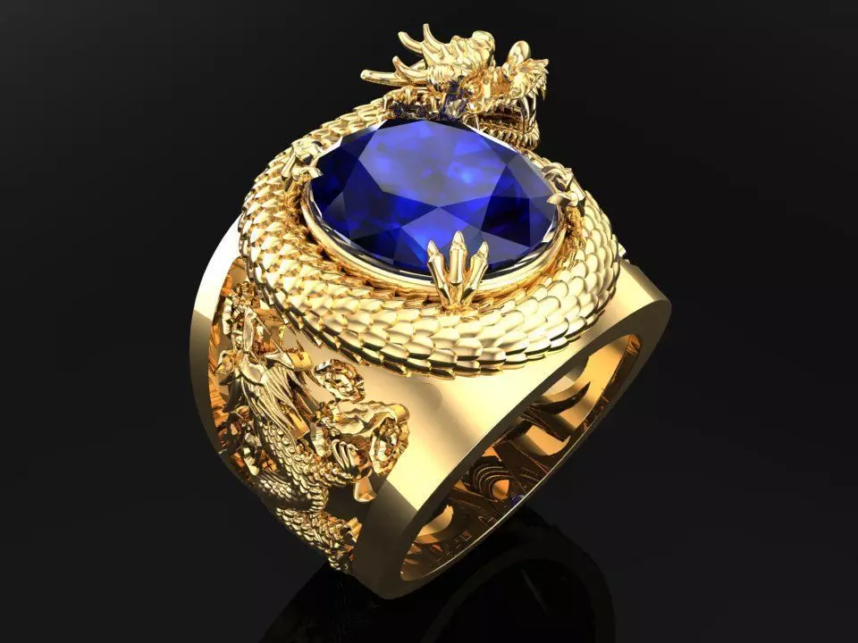 Dragon Ring - Mens Oval Stone Ring - Mens Ring - N334 3D print model_0
