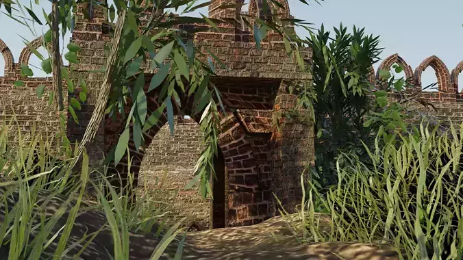 Castle old stone gate in middle of grassy area